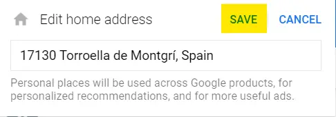 Clicking Save in order to submit your home address in Google Maps.