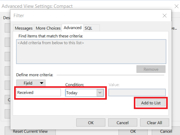 Advance View Settings in Outlook
