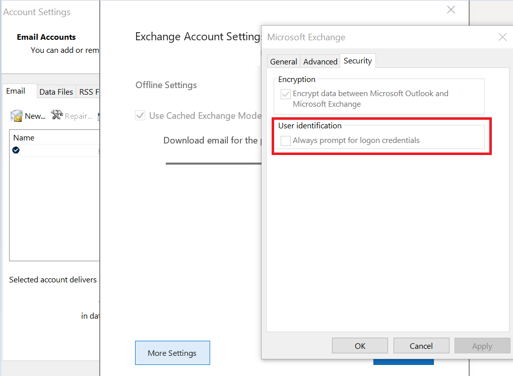 Disable “Always Prompt Login Credential” in Outlook